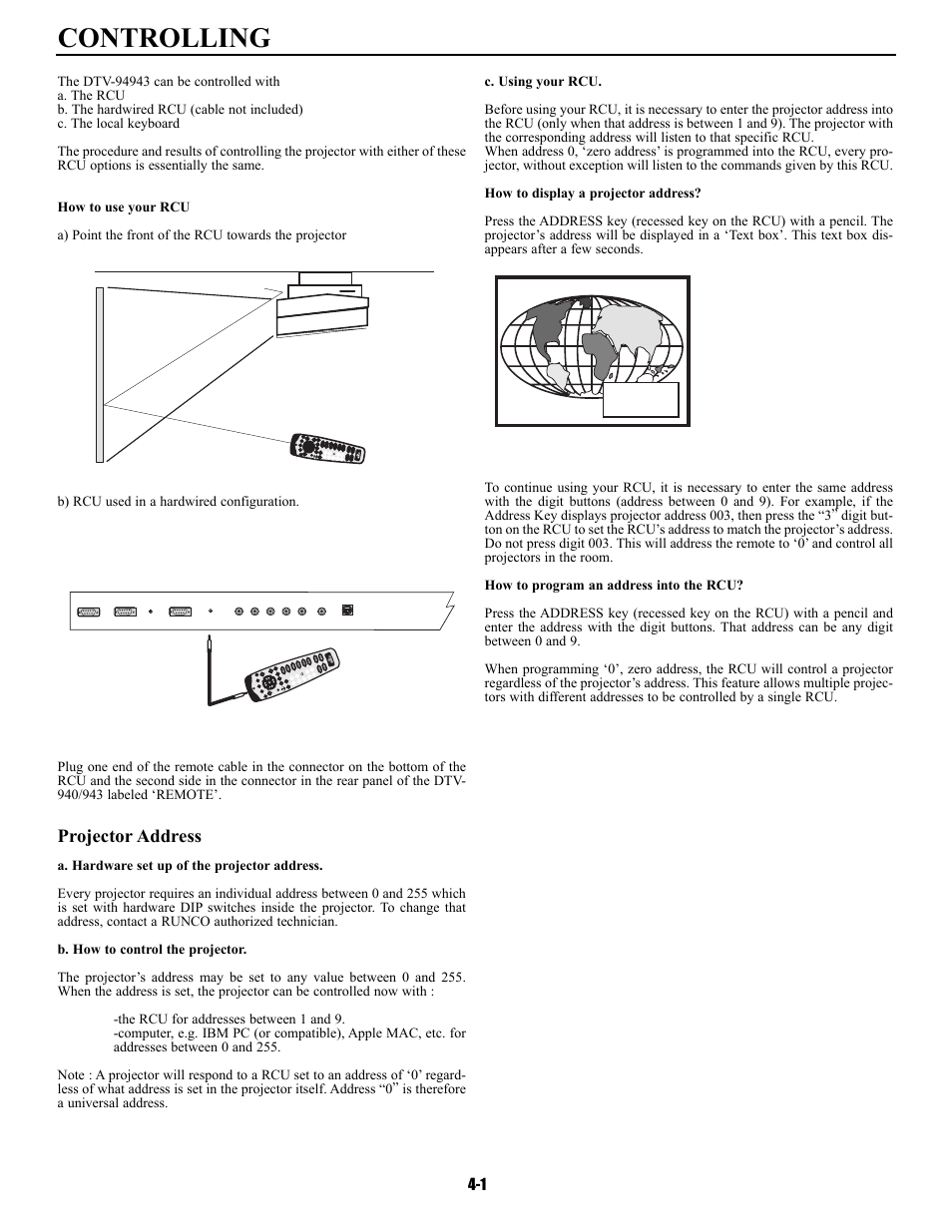 Controlling, Projector address | Runco DTV-940/943 User Manual | Page 17 / 69