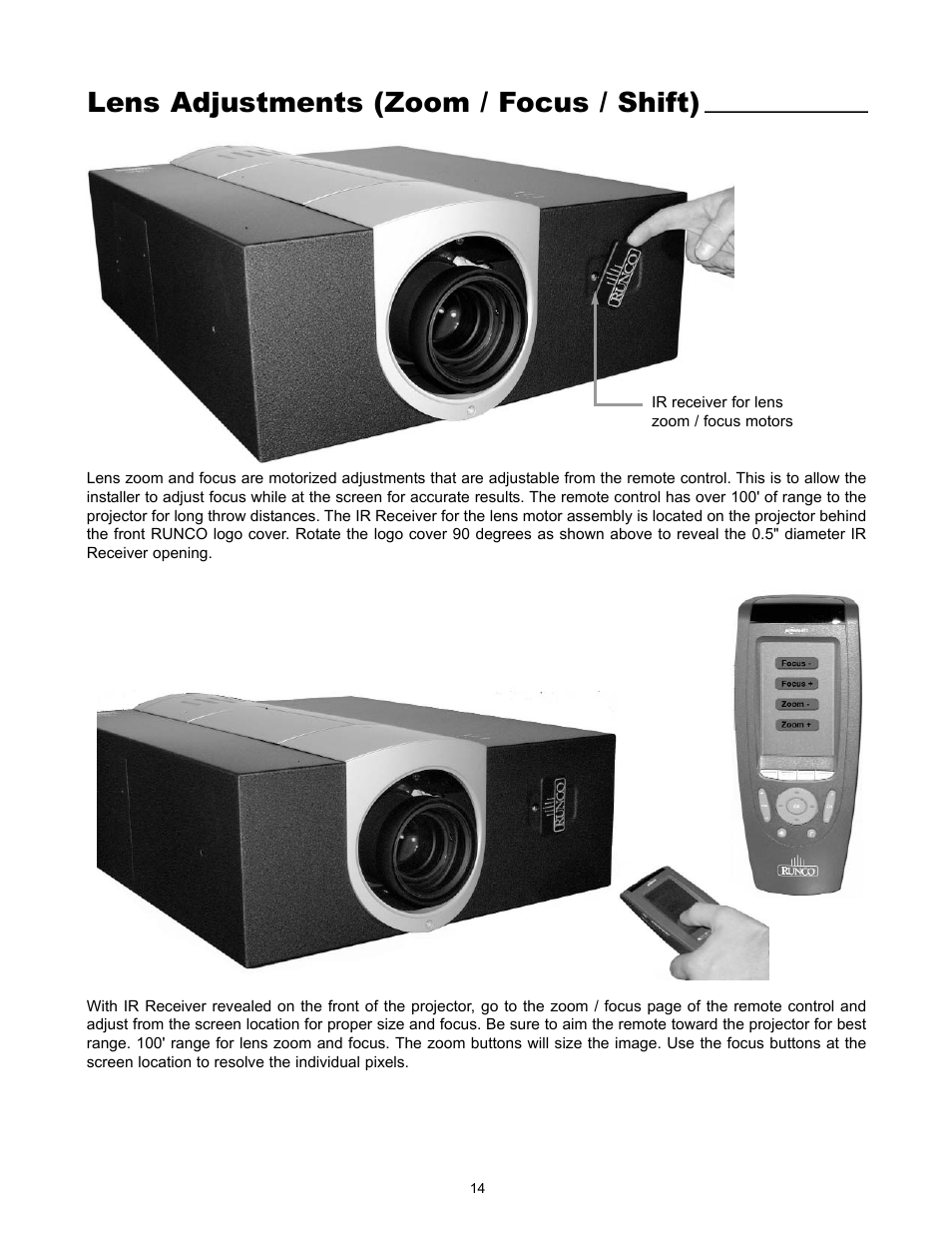 Lens adjustments (zoom / focus / shift) | Runco VX-5000ci User Manual | Page 16 / 43