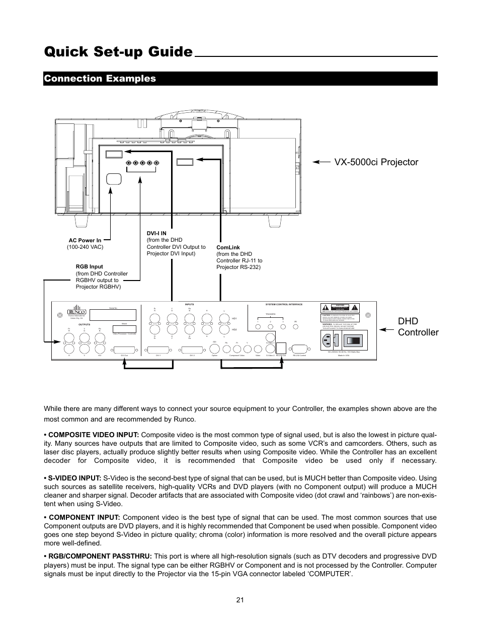 Quick set-up guide, Connection examples, Vx-5000ci projector dhd controller | Runco VX-5000ci User Manual | Page 23 / 43