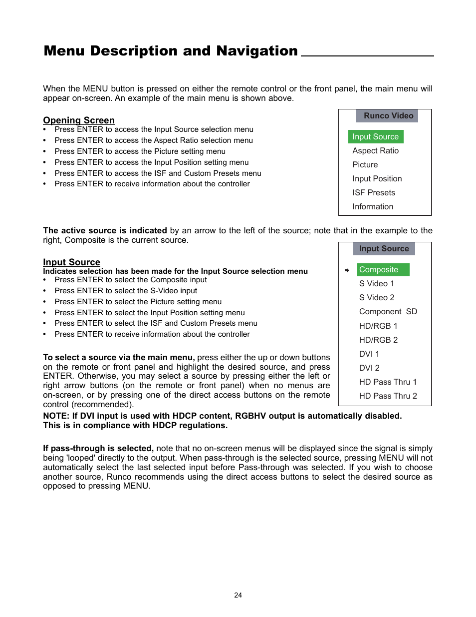 Menu description and navigation | Runco VX-5000ci User Manual | Page 26 / 43