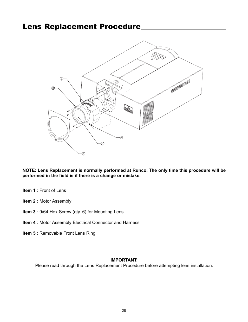 Lens replacement procedure | Runco VX-5000ci User Manual | Page 30 / 43