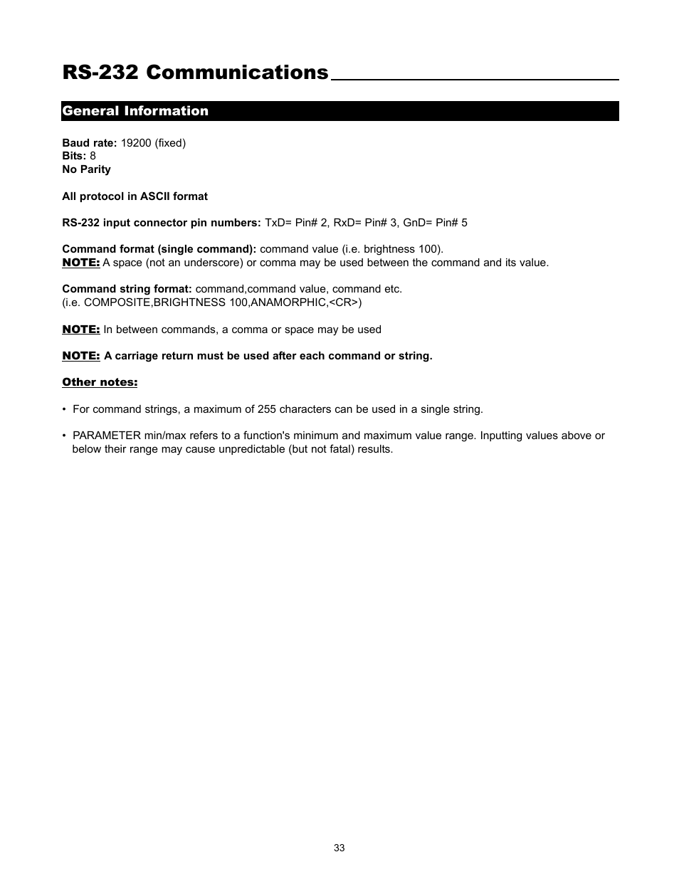 Rs-232 communications | Runco VX-5000ci User Manual | Page 35 / 43