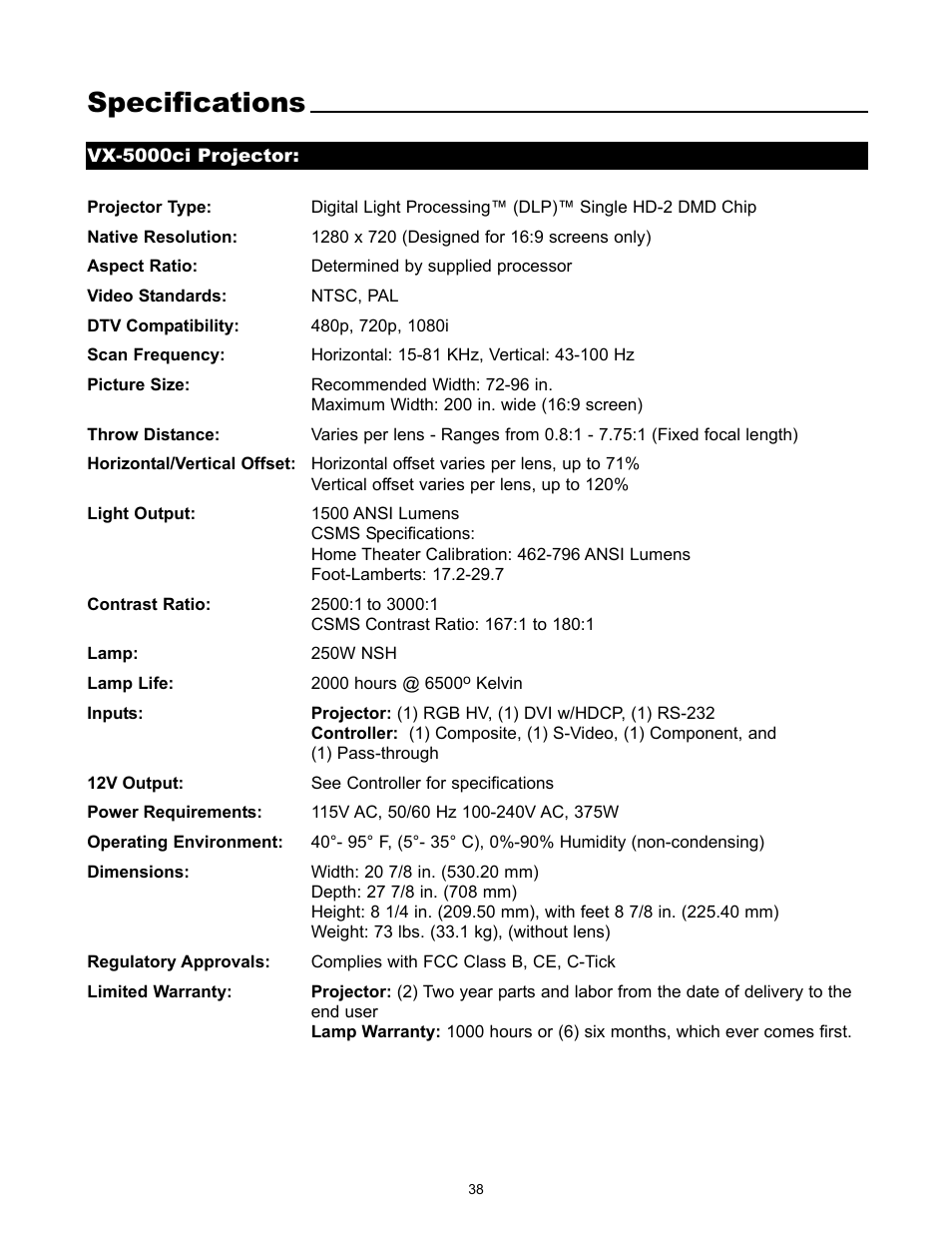 Specifications | Runco VX-5000ci User Manual | Page 40 / 43