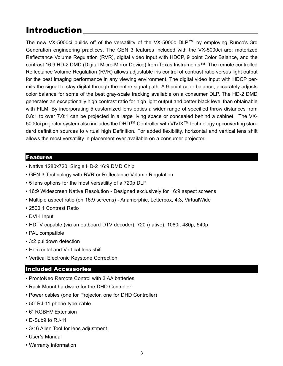 Introduction | Runco VX-5000ci User Manual | Page 5 / 43
