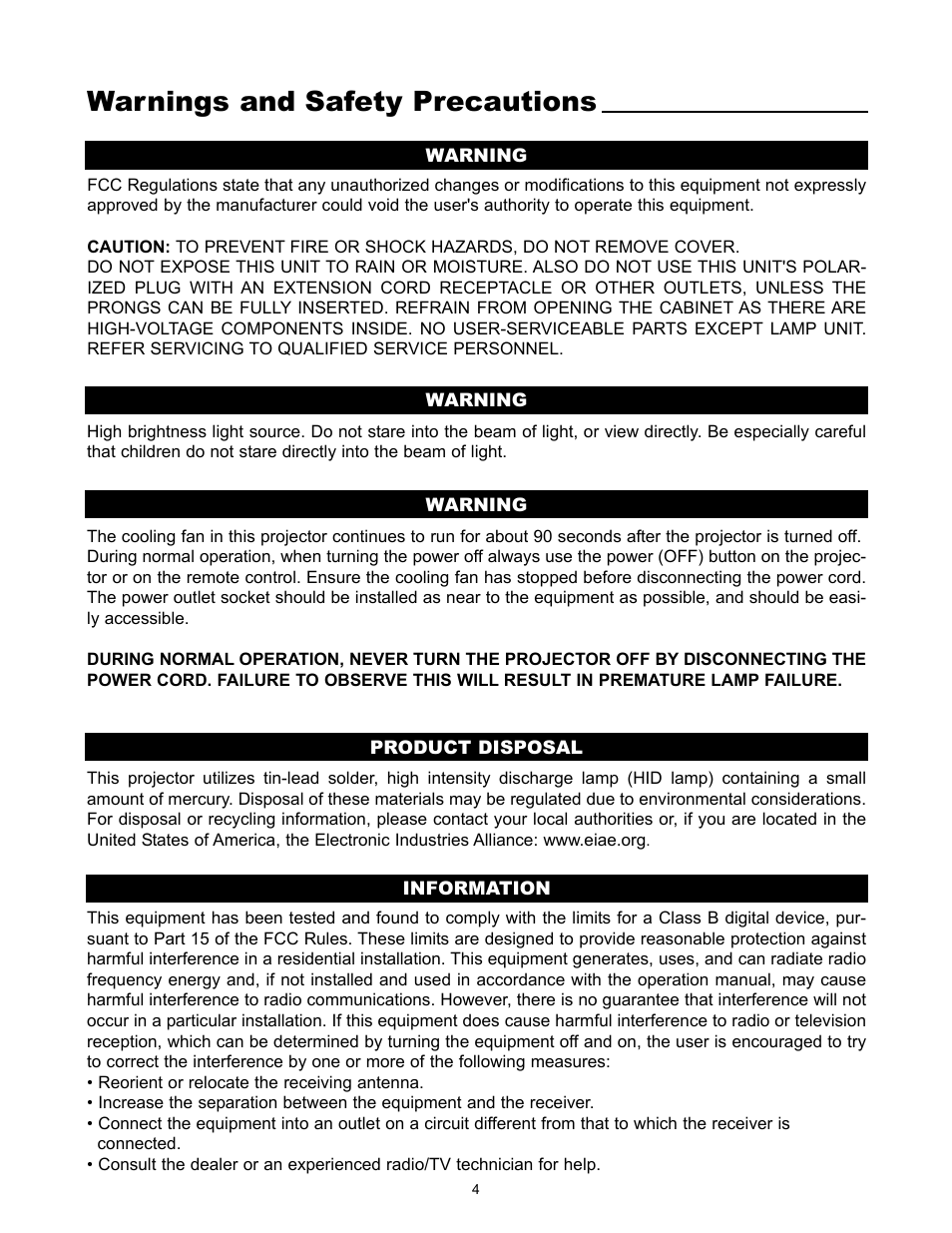 Warnings and safety precautions | Runco VX-5000ci User Manual | Page 6 / 43