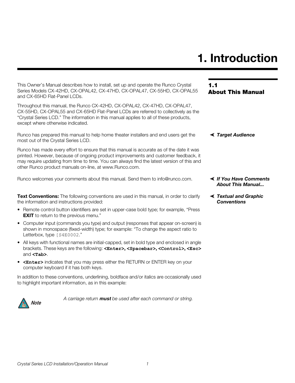 Introduction, 1 about this manual, Target audience | If you have comments about this manual, Textual and graphic conventions, Text conventions, About this manual, Pre l iminar y | Runco WIDEVISION CX-OPAL47 User Manual | Page 15 / 84