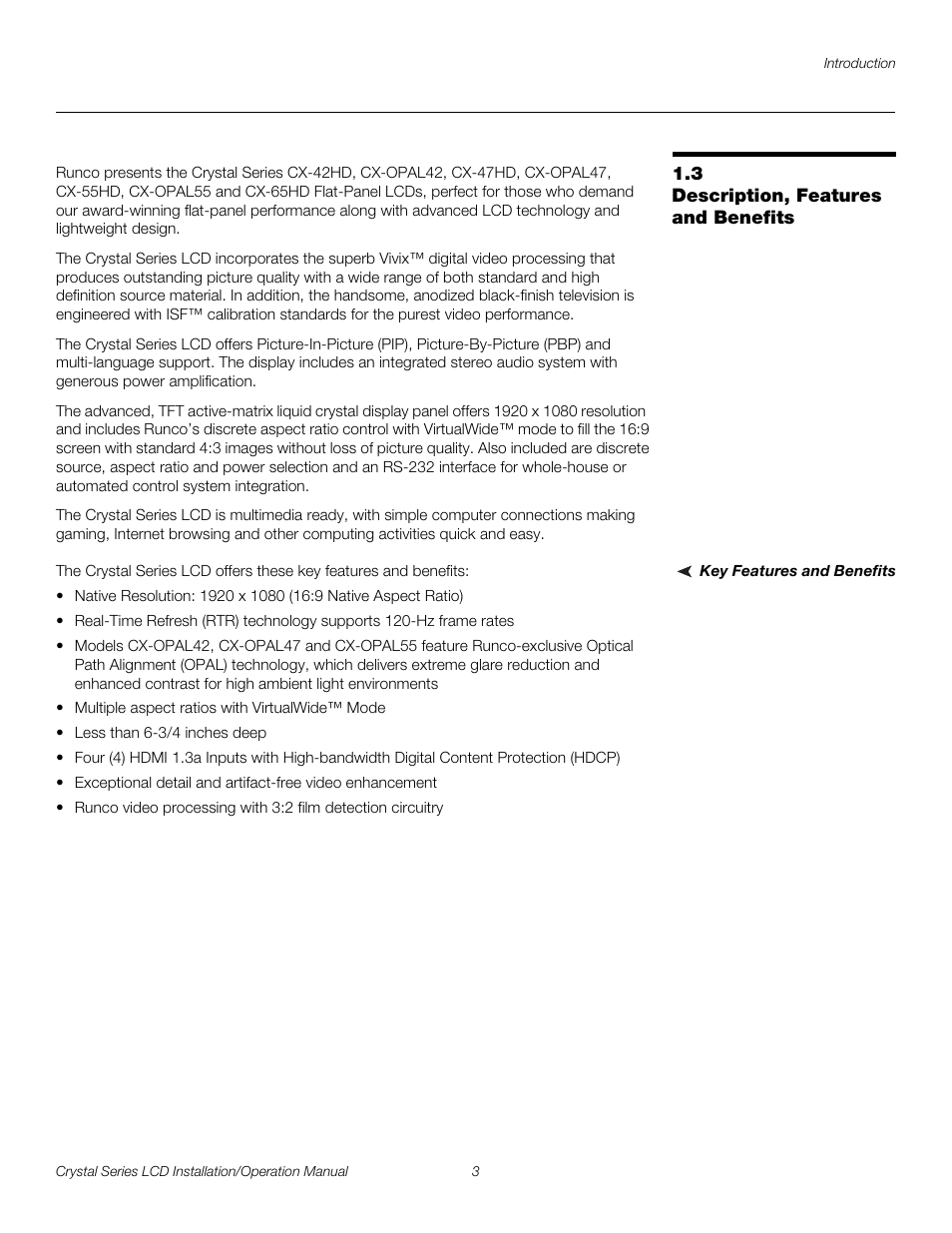 3 description, features and benefits, Key features and benefits, Description, features and benefits | Pre l iminar y | Runco WIDEVISION CX-OPAL47 User Manual | Page 17 / 84