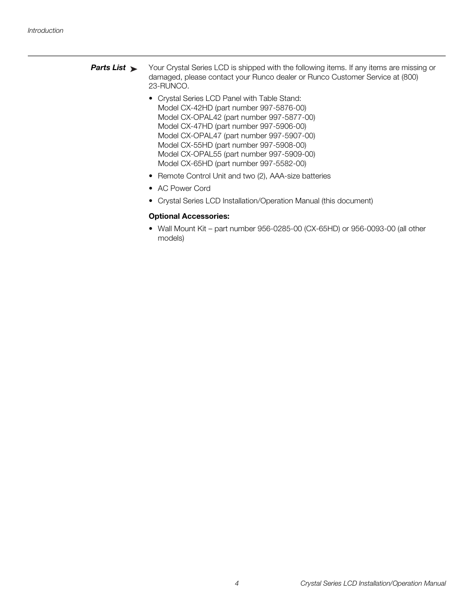 Parts list, Optional accessories, Pre l iminar y | Runco WIDEVISION CX-OPAL47 User Manual | Page 18 / 84
