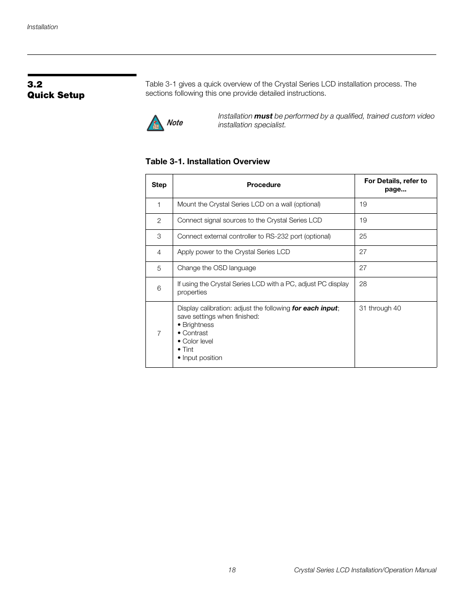 2 quick setup, Table 3-1 . installation overview, Quick setup | Pre l iminar y | Runco WIDEVISION CX-OPAL47 User Manual | Page 32 / 84