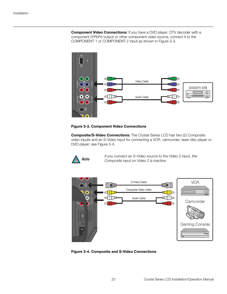 Component video connections, Figure 3-3 . component video connections, Composite/s-video connections | Figure 3-4 . composite and s-video connections, 3. component video connections, 4. composite and s-video connections, Pre l iminar y, Gaming console vcr camcorder | Runco WIDEVISION CX-OPAL47 User Manual | Page 36 / 84
