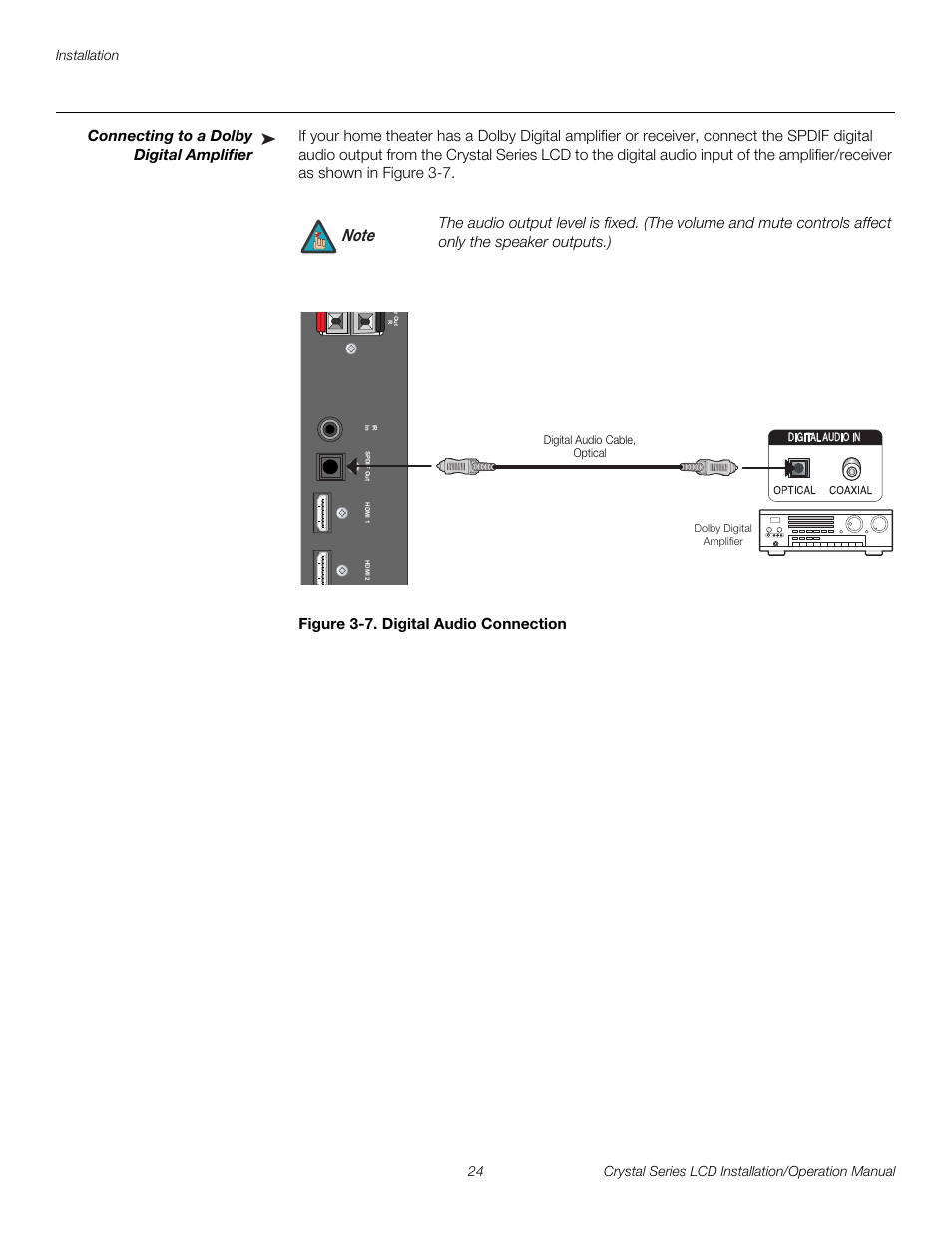 Connecting to a dolby digital amplifier, Figure 3-7 . digital audio connection, 7. digital audio connection | Pre l iminar y | Runco WIDEVISION CX-OPAL47 User Manual | Page 38 / 84