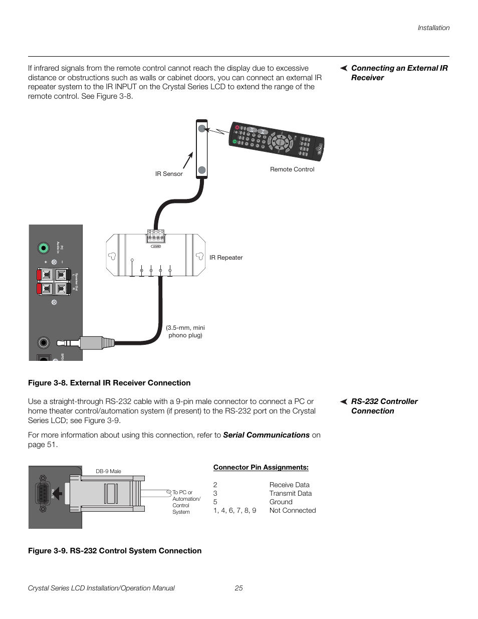 Connecting an external ir receiver, Figure 3-8 . external ir receiver connection, Rs-232 controller connection | Figure 3-9 . rs-232 control system connection, Iminar, 8. external ir receiver connection, 9. rs-232 control system connection, Pre l iminar y | Runco WIDEVISION CX-OPAL47 User Manual | Page 39 / 84
