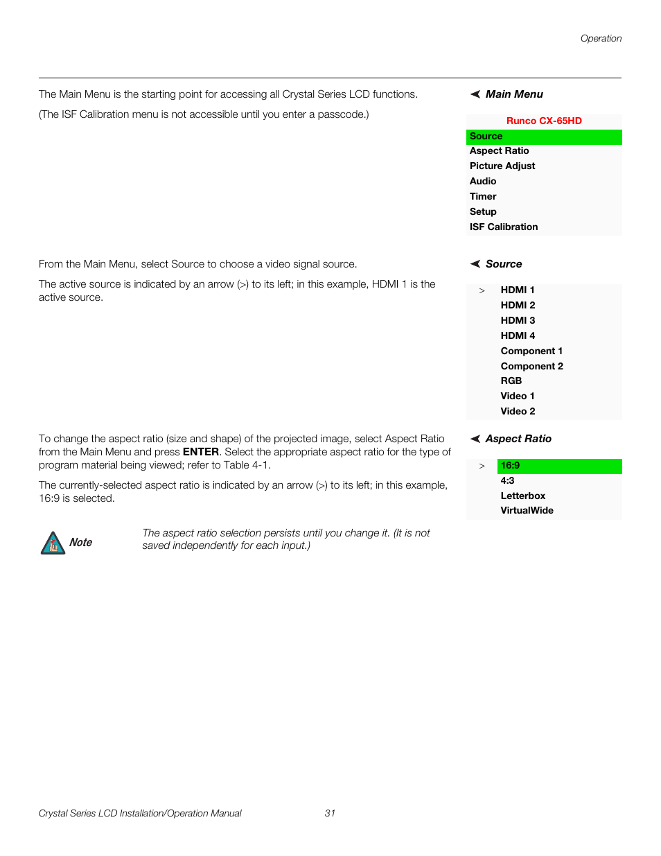 Main menu, Source, Aspect ratio | Pre l iminar y | Runco WIDEVISION CX-OPAL47 User Manual | Page 45 / 84