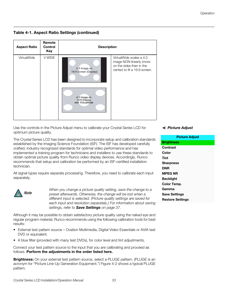 Picture adjust, Brightness, Pre l iminar y | Runco WIDEVISION CX-OPAL47 User Manual | Page 47 / 84