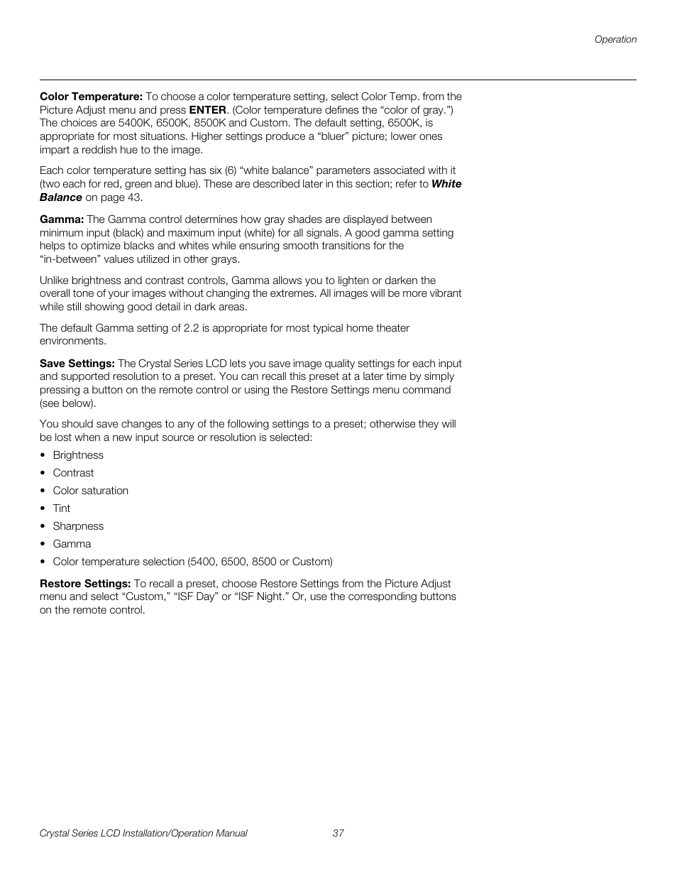 Color temperature, Gamma, Save settings | Restore settings, Pre l iminar y | Runco WIDEVISION CX-OPAL47 User Manual | Page 51 / 84