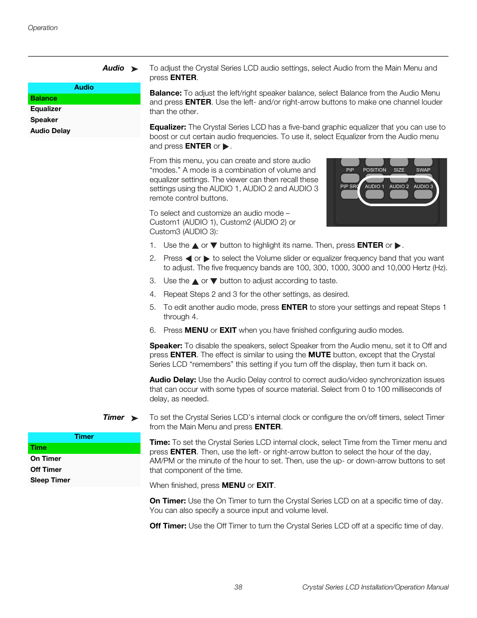 Audio, Balance, Equalizer | Speaker, Audio delay, Timer, Time, On timer, Off timer, Pre l iminar y | Runco WIDEVISION CX-OPAL47 User Manual | Page 52 / 84