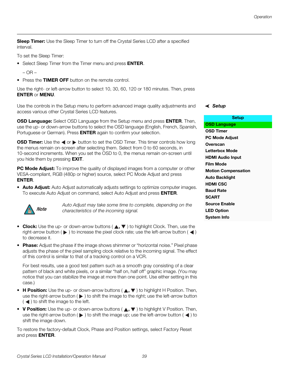 Sleep timer, Setup, Osd language | Osd timer, Pc mode adjust, Pre l iminar y | Runco WIDEVISION CX-OPAL47 User Manual | Page 53 / 84