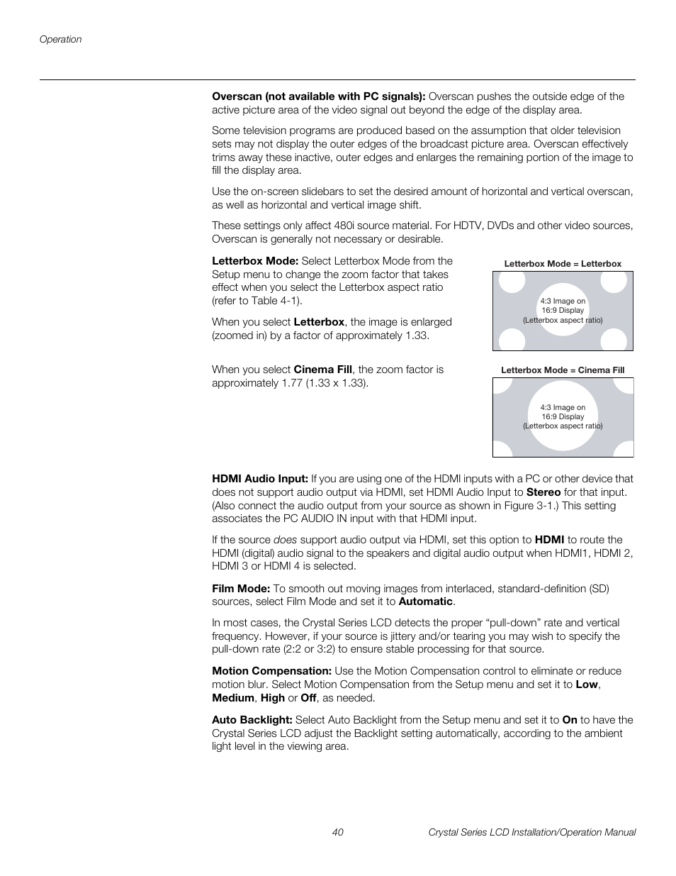 Overscan (not available with pc signals), Letterbox mode, Hdmi audio input | Film mode, Motion compensation, Auto backlight, H 40, Pre l iminar y | Runco WIDEVISION CX-OPAL47 User Manual | Page 54 / 84