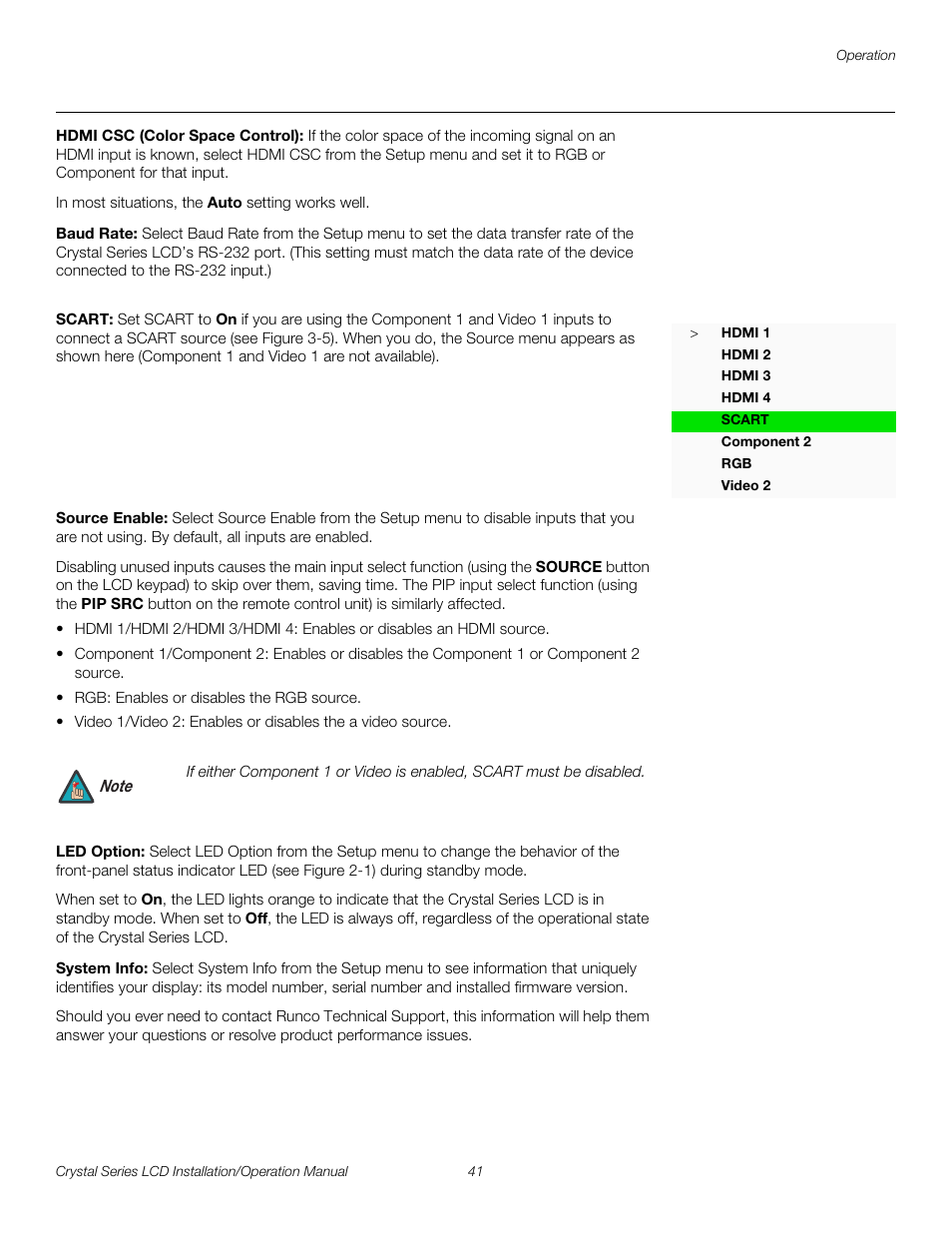 Hdmi csc (color space control), Baud rate, Scart | Source enable, Led option, System info, Pre l iminar y | Runco WIDEVISION CX-OPAL47 User Manual | Page 55 / 84