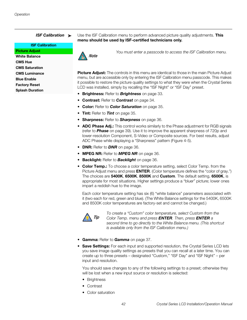 Isf calibration, Picture adjust, Pre l iminar y | Runco WIDEVISION CX-OPAL47 User Manual | Page 56 / 84