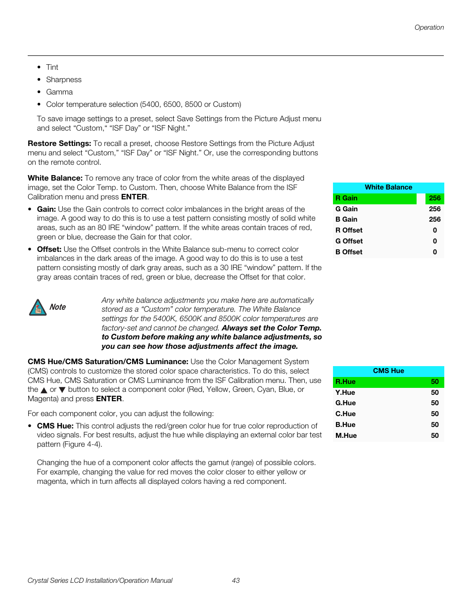 Restore settings, White balance, Cms hue/cms saturation/cms luminance | Pre l iminar y | Runco WIDEVISION CX-OPAL47 User Manual | Page 57 / 84
