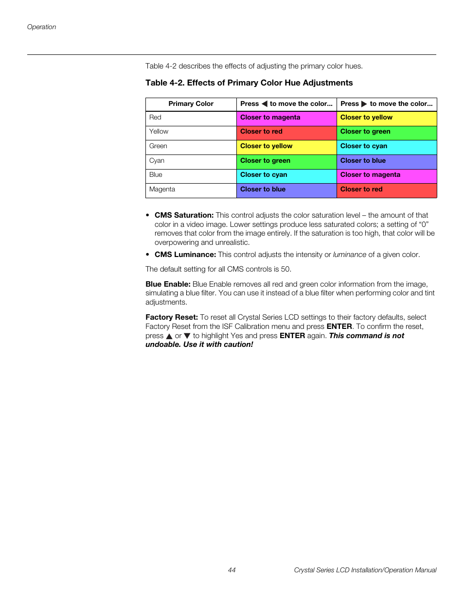 Blue enable, Factory reset, Pre l iminar y | Runco WIDEVISION CX-OPAL47 User Manual | Page 58 / 84