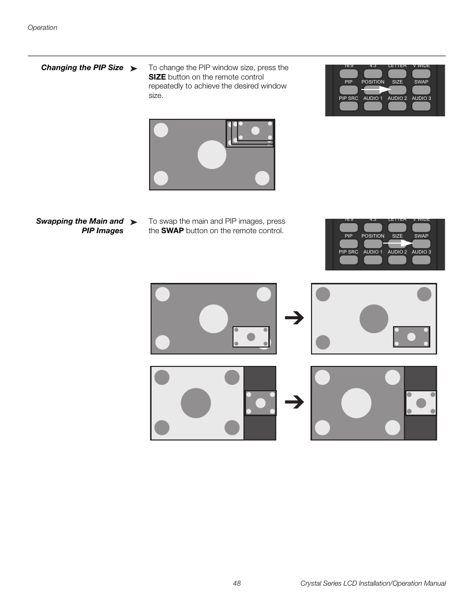 Changing the pip size, Swapping the main and pip images, Pre l iminar y | Runco WIDEVISION CX-OPAL47 User Manual | Page 62 / 84