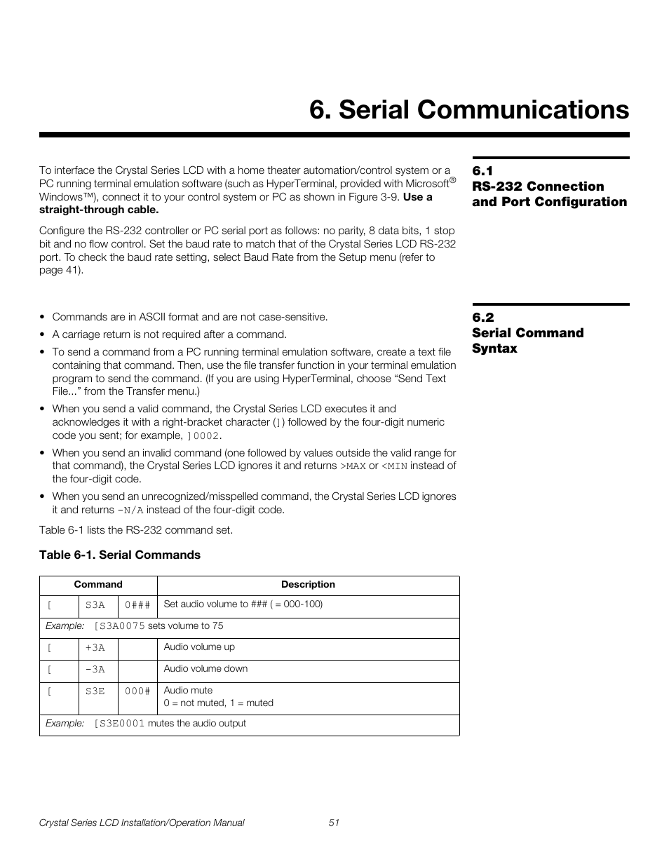 Serial communications, 1 rs-232 connection and port configuration, 2 serial command syntax | Table 6-1 . serial commands, Rs-232 connection and port configuration, Serial command syntax, Pre l iminar y | Runco WIDEVISION CX-OPAL47 User Manual | Page 65 / 84