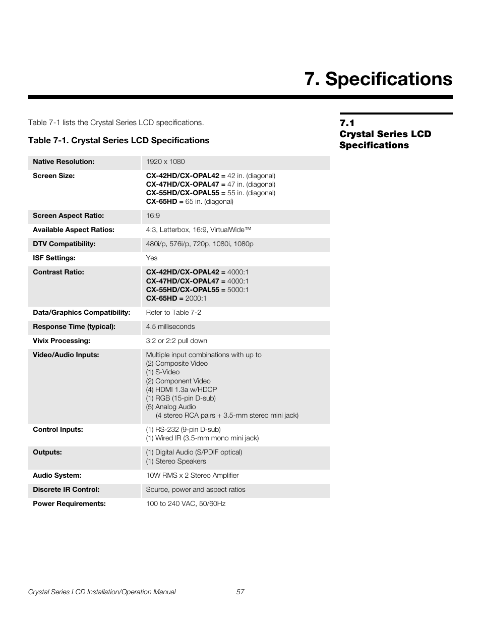 Specifications, 1 crystal series lcd specifications, Table 7-1 . crystal series lcd specifications | Crystal series lcd specifications, Pre l iminar y | Runco WIDEVISION CX-OPAL47 User Manual | Page 71 / 84