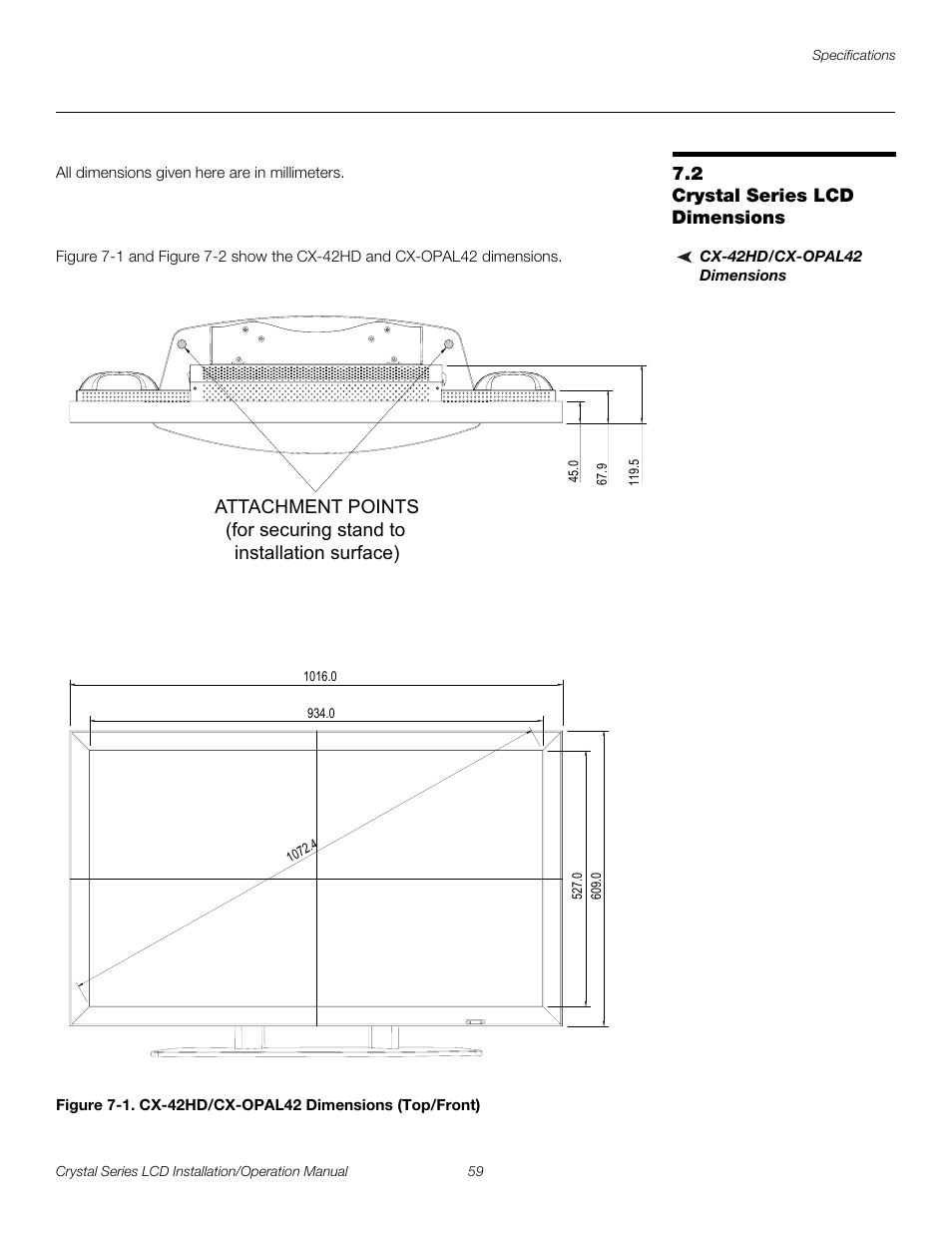 2 crystal series lcd dimensions, Cx-42hd/cx-opal42 dimensions, Crystal series lcd dimensions | 1. cx-42hd/cx-opal42 dimensions (top/front), See figure 7-1 an, Pre l iminar y | Runco WIDEVISION CX-OPAL47 User Manual | Page 73 / 84