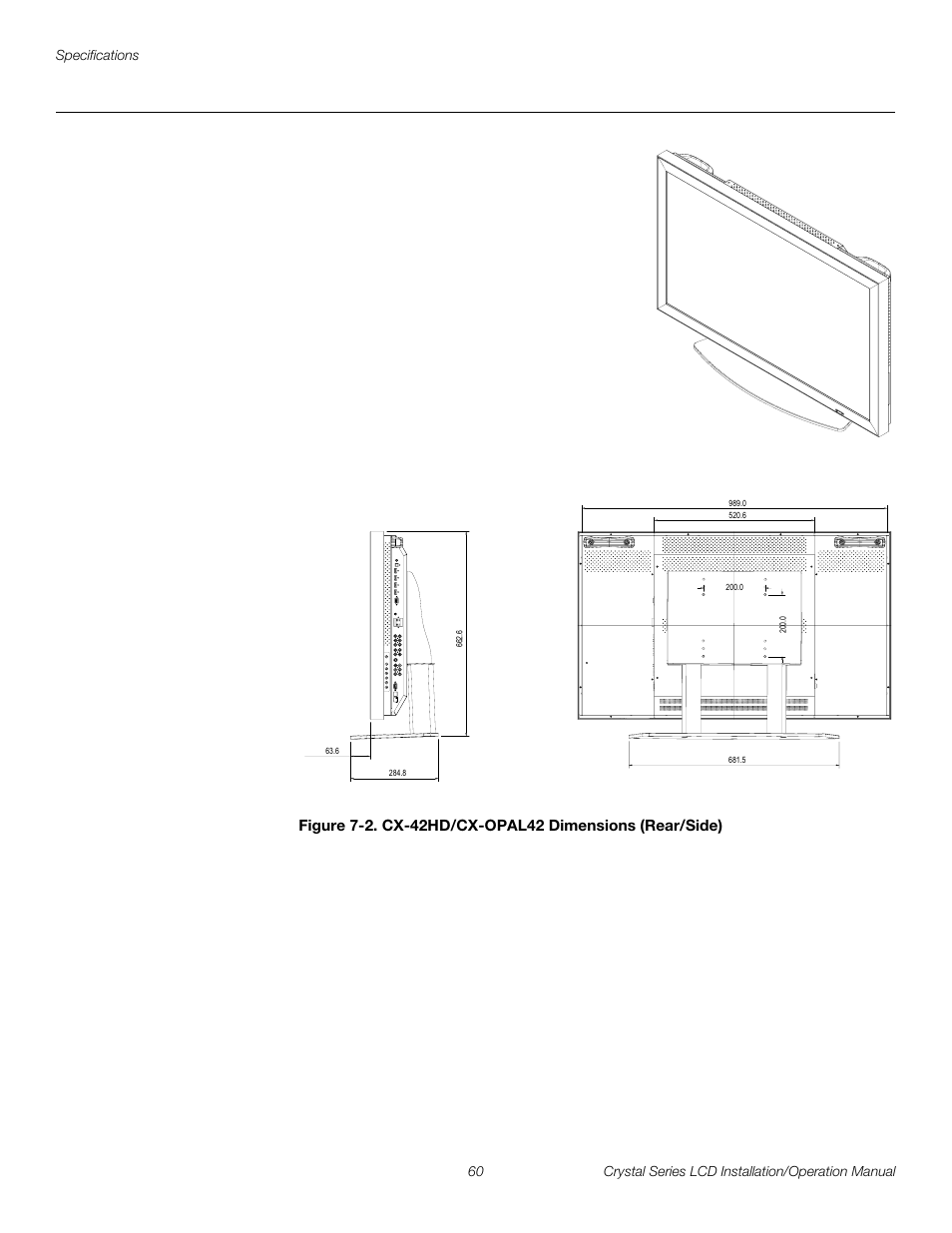 2. cx-42hd/cx-opal42 dimensions (rear/side), D figure 7-2, Preli m inary | Runco WIDEVISION CX-OPAL47 User Manual | Page 74 / 84