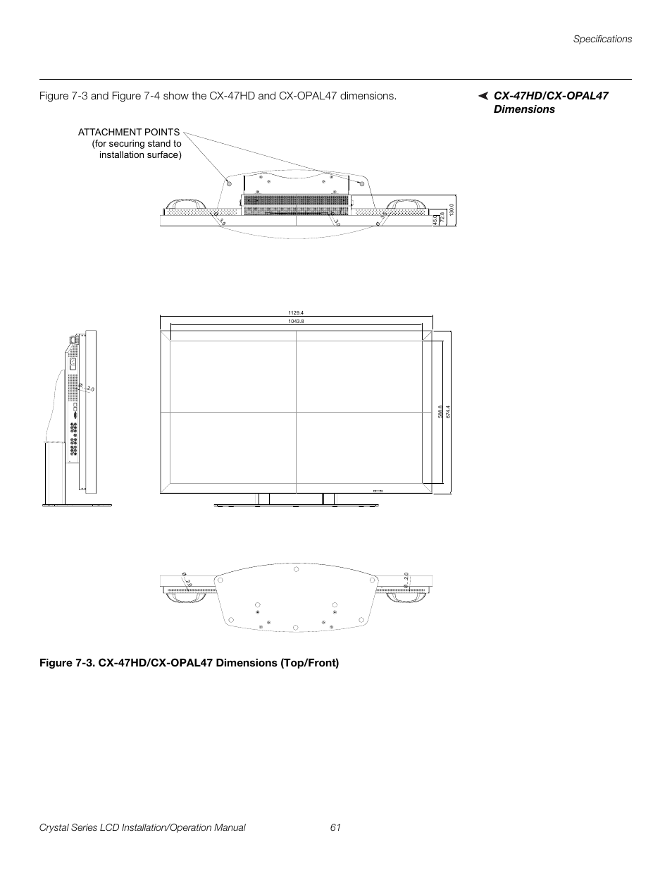 Cx-47hd/cx-opal47 dimensions, 3. cx-47hd/cx-opal47 dimensions (top/front), See figure 7-3 an | Pre l iminar y | Runco WIDEVISION CX-OPAL47 User Manual | Page 75 / 84