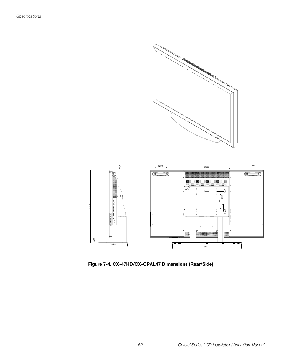 4. cx-47hd/cx-opal47 dimensions (rear/side), D figure 7-4, Preli m inary | Runco WIDEVISION CX-OPAL47 User Manual | Page 76 / 84
