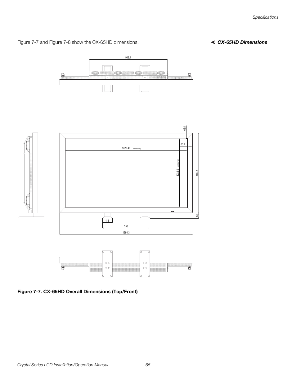 Cx-65hd dimensions, 7. cx-65hd overall dimensions (top/front), See figure 7-7 and figu | Pre l iminar y | Runco WIDEVISION CX-OPAL47 User Manual | Page 79 / 84