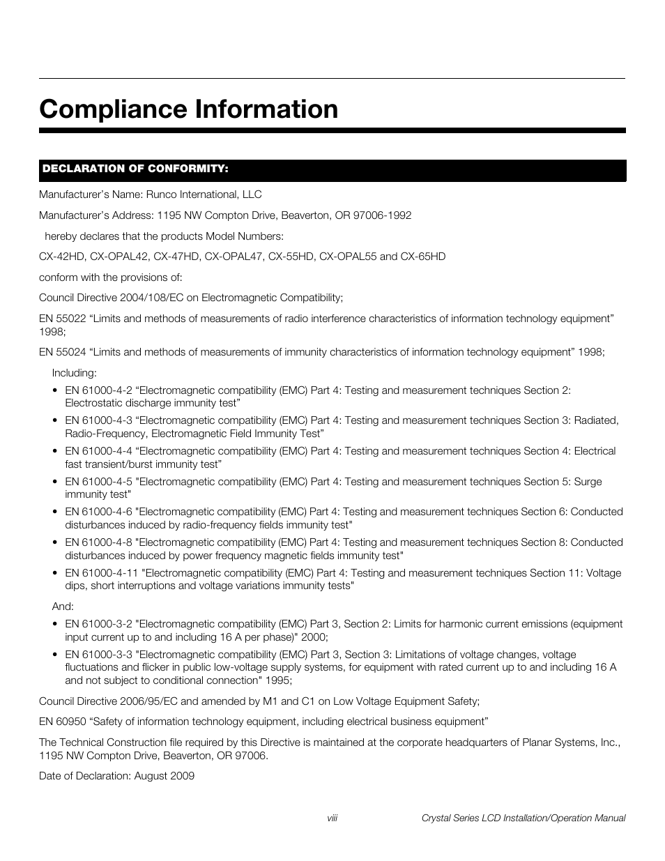 Compliance information, Pre l iminar y | Runco WIDEVISION CX-OPAL47 User Manual | Page 8 / 84