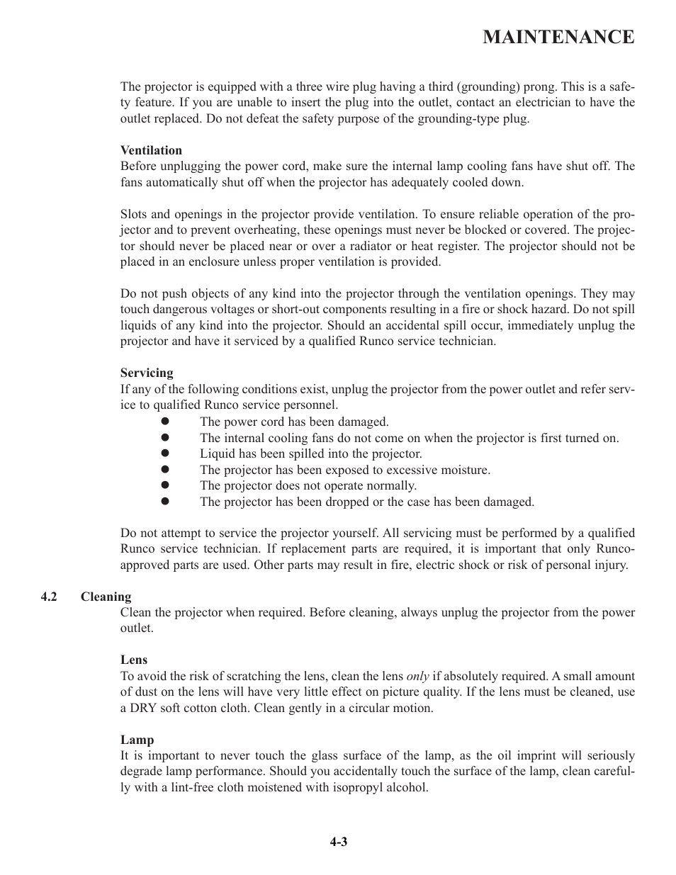 Maintenance | Runco VX-6c User Manual | Page 70 / 110