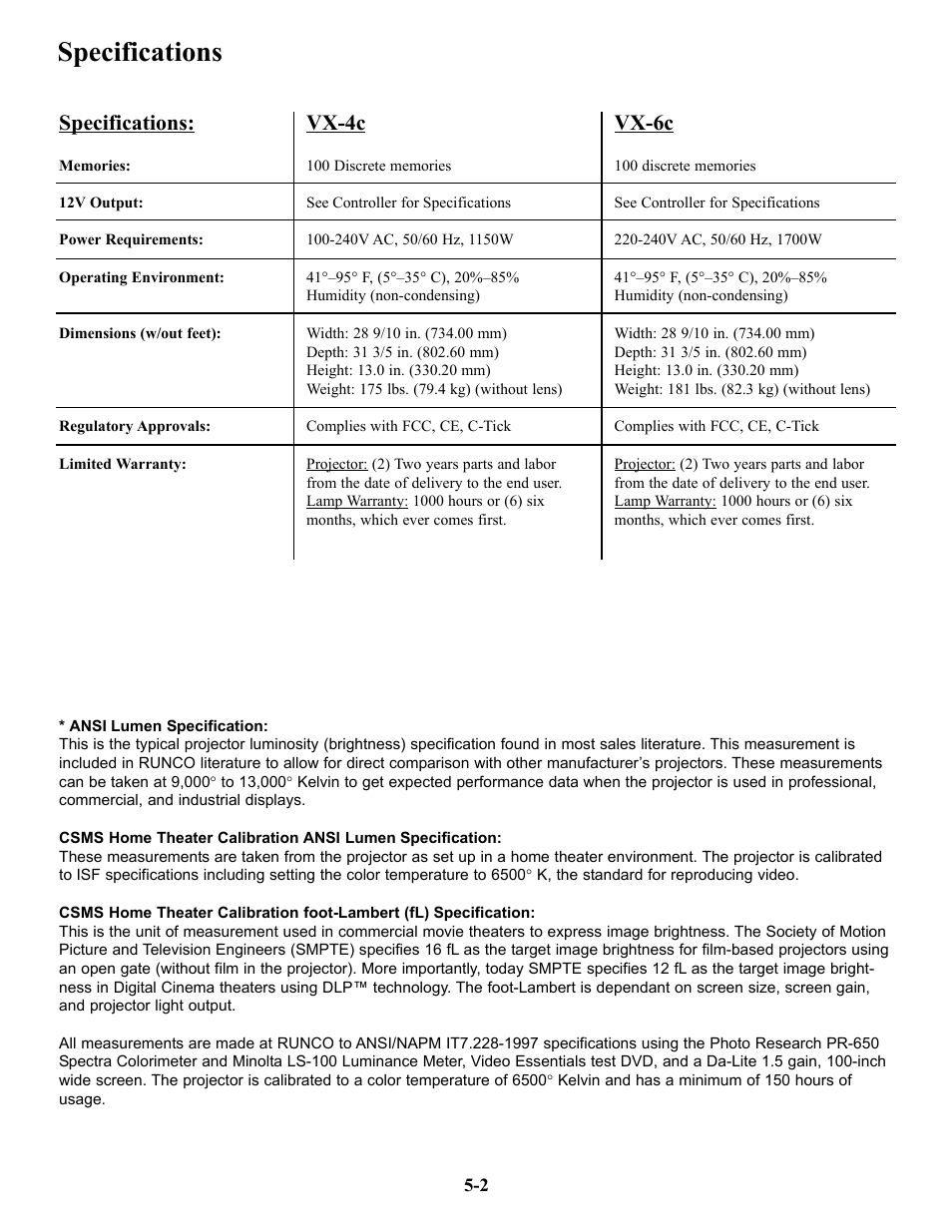 Specifications, Vx-4c, Vx-6c | Runco VX-6c User Manual | Page 77 / 110