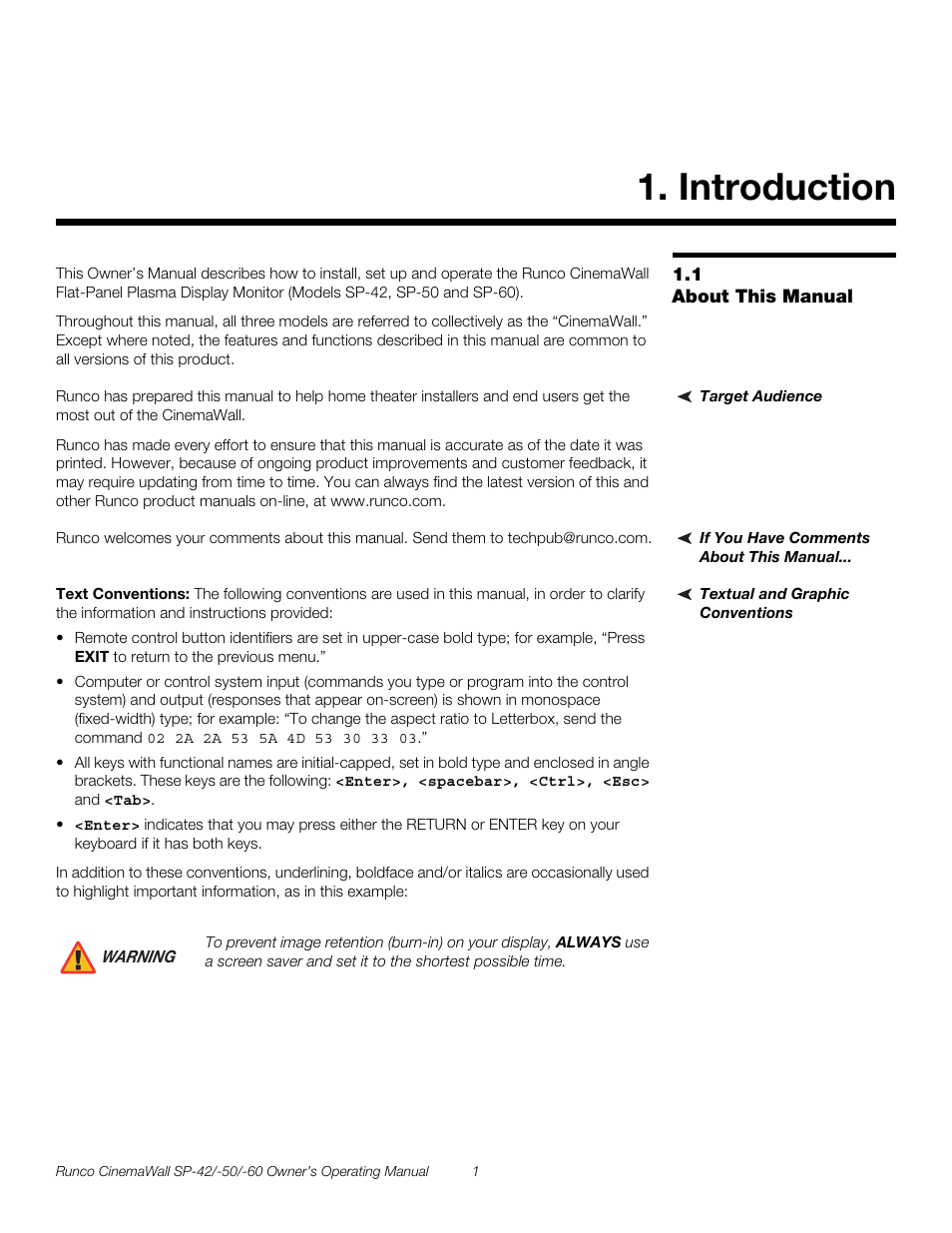 Introduction, 1 about this manual, Target audience | If you have comments about this manual, Textual and graphic conventions, Text conventions, About this manual, Pre l iminar y | Runco SP-50 User Manual | Page 11 / 84