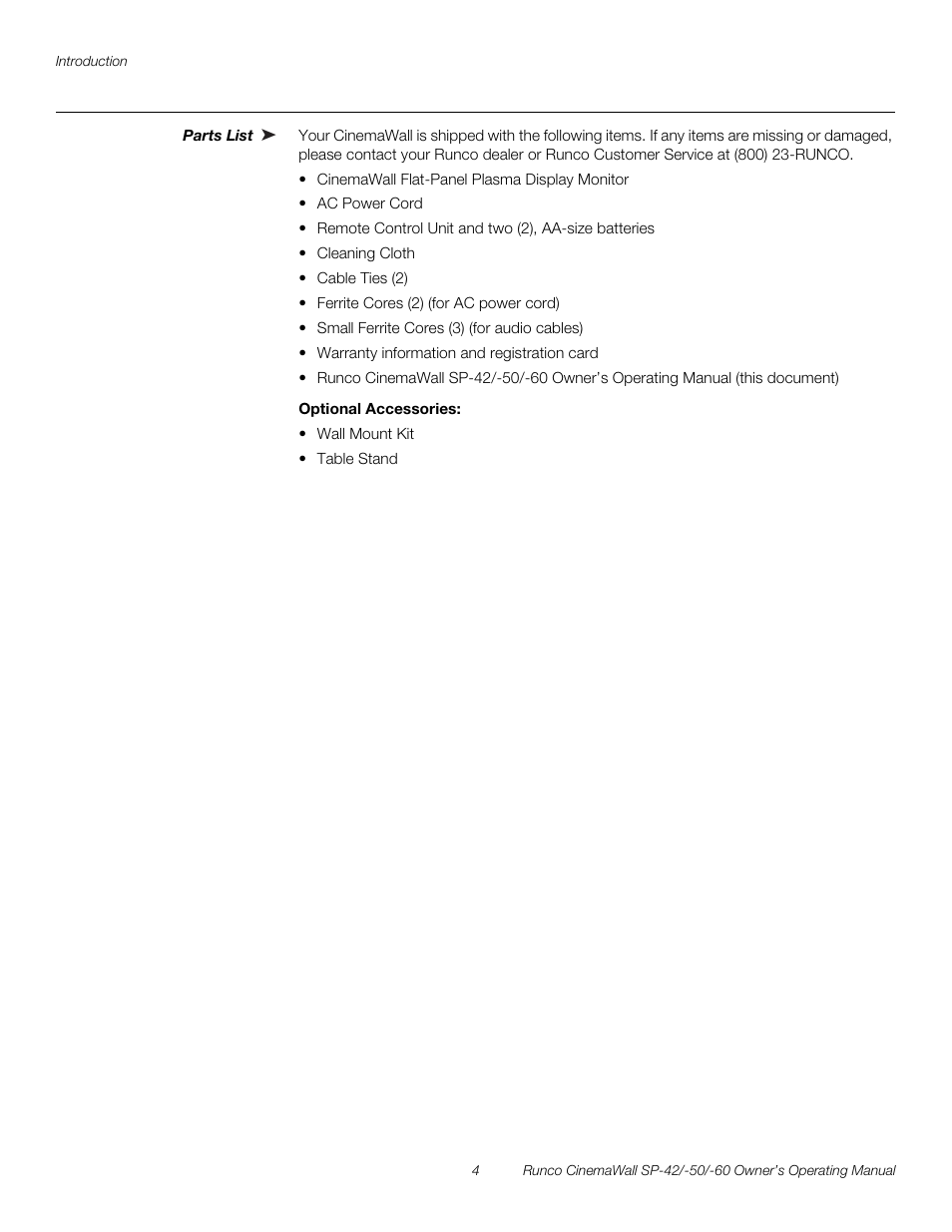 Parts list, Optional accessories, Pre l iminar y | Runco SP-50 User Manual | Page 14 / 84