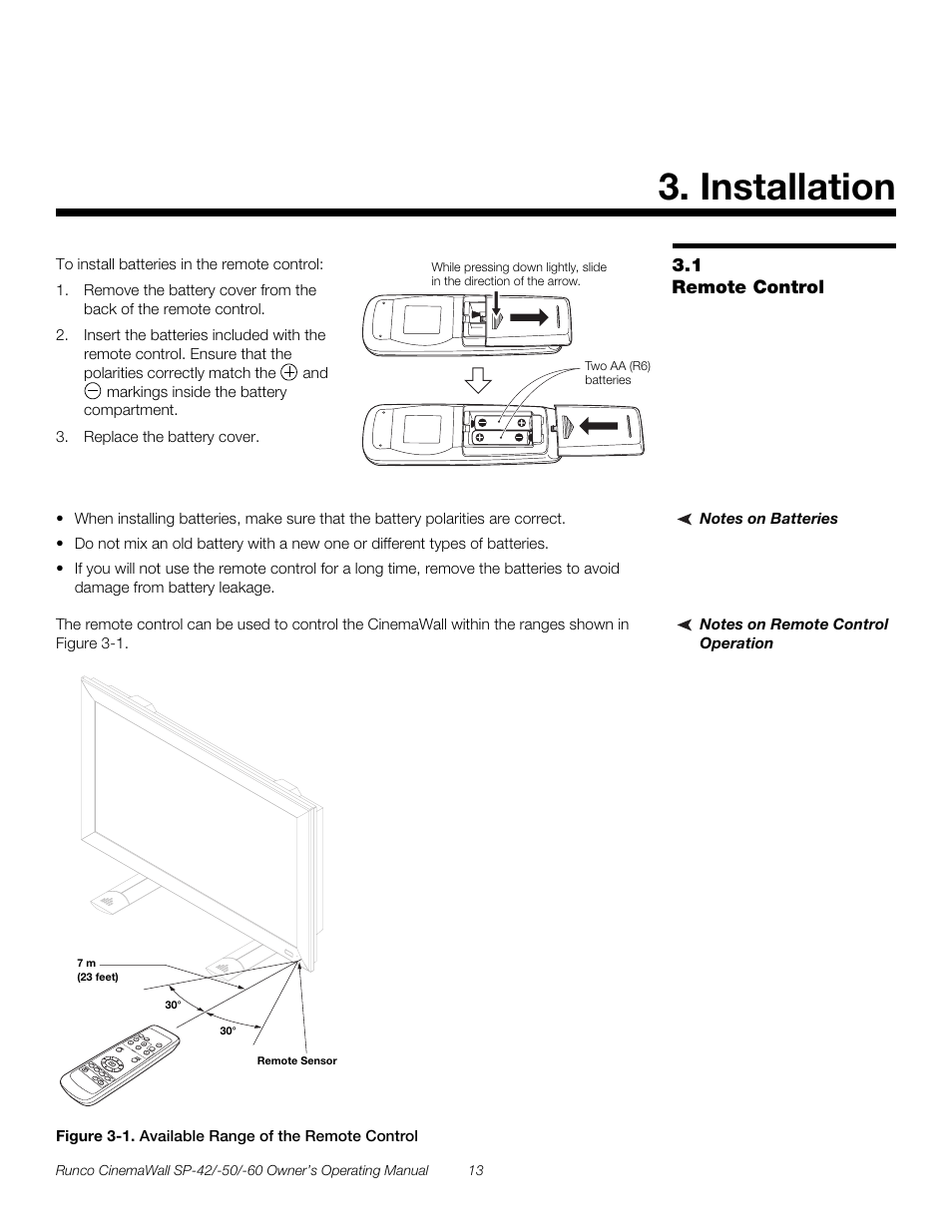 Installation, 1 remote control, Notes on batteries | Notes on remote control operation, Figure 3-1 . available range of the remote control, Remote control, 1. available range of the remote control, Pre l iminar y | Runco SP-50 User Manual | Page 23 / 84