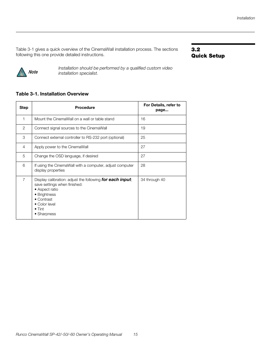 2 quick setup, Table 3-1 . installation overview, Quick setup | Pre l iminar y | Runco SP-50 User Manual | Page 25 / 84