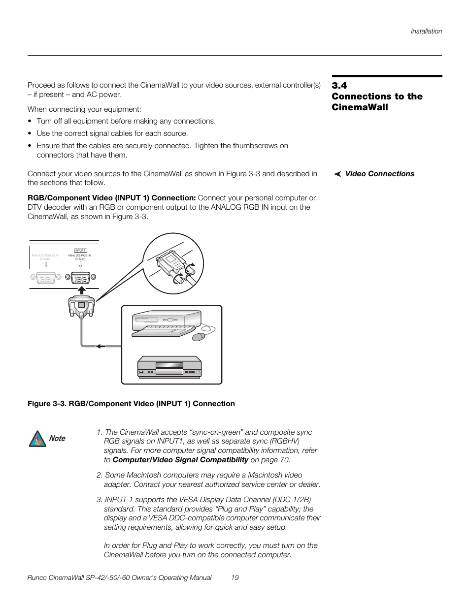 4 connections to the cinemawall, Video connections, Rgb/component video (input 1) connection | Connections to the cinemawall, 3. rgb/component video (input 1) connection, Pre l iminar y | Runco SP-50 User Manual | Page 29 / 84