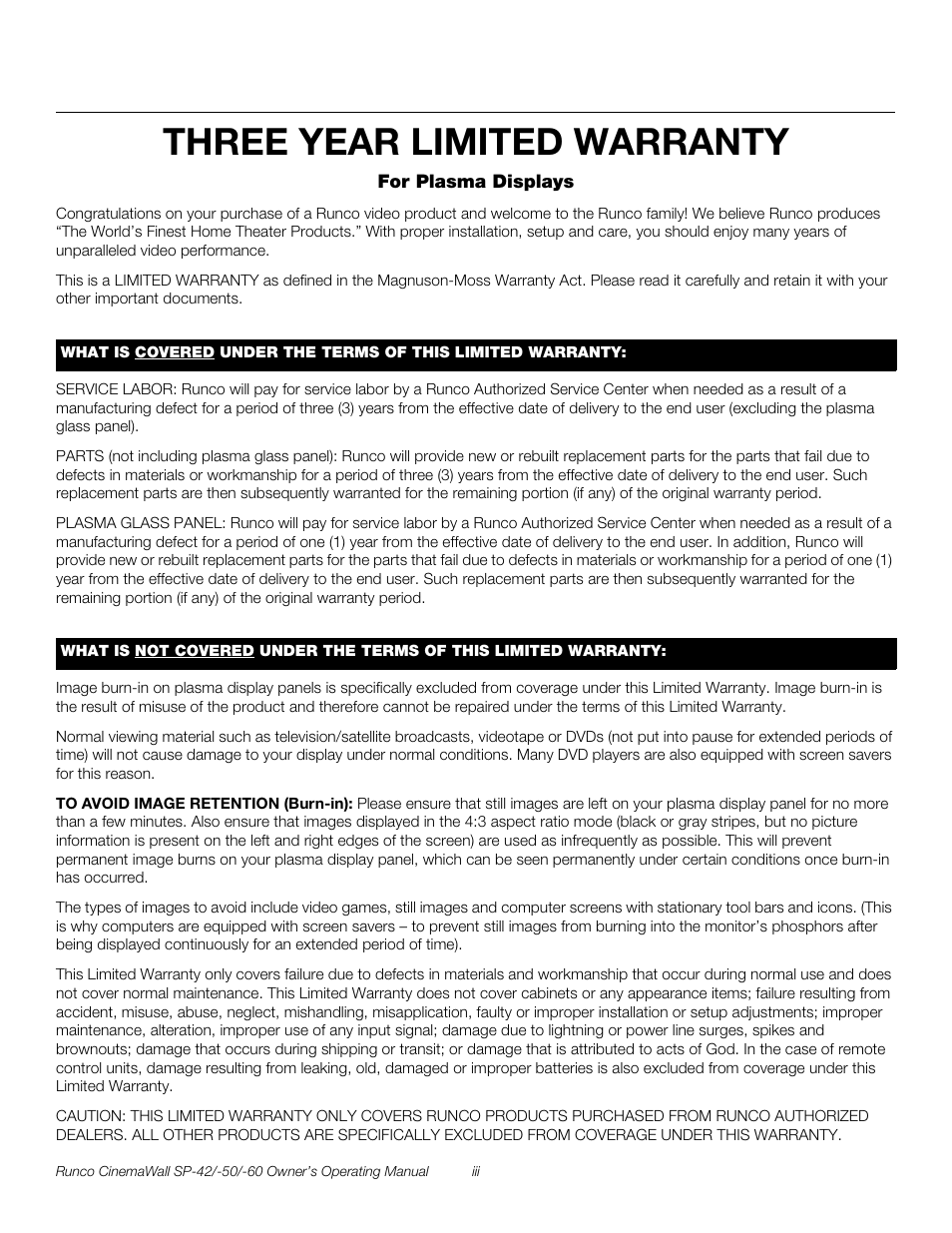 Three year limited warranty, Pre l iminar y | Runco SP-50 User Manual | Page 3 / 84