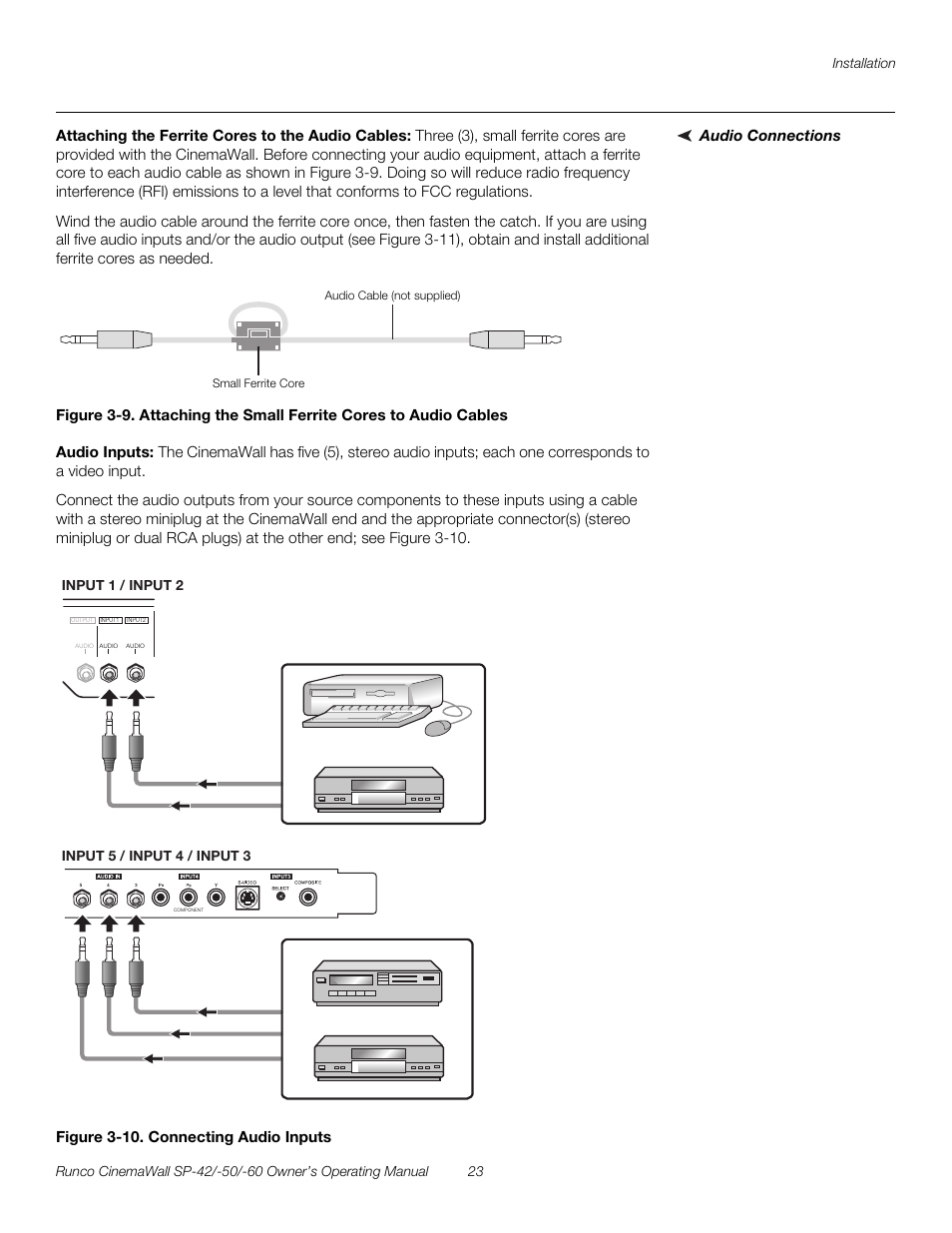 Audio connections, Attaching the ferrite cores to the audio cables, Audio inputs | Figure 3-10 . connecting audio inputs, Iminar, 10. connecting audio inputs, Pre l iminar y | Runco SP-50 User Manual | Page 33 / 84