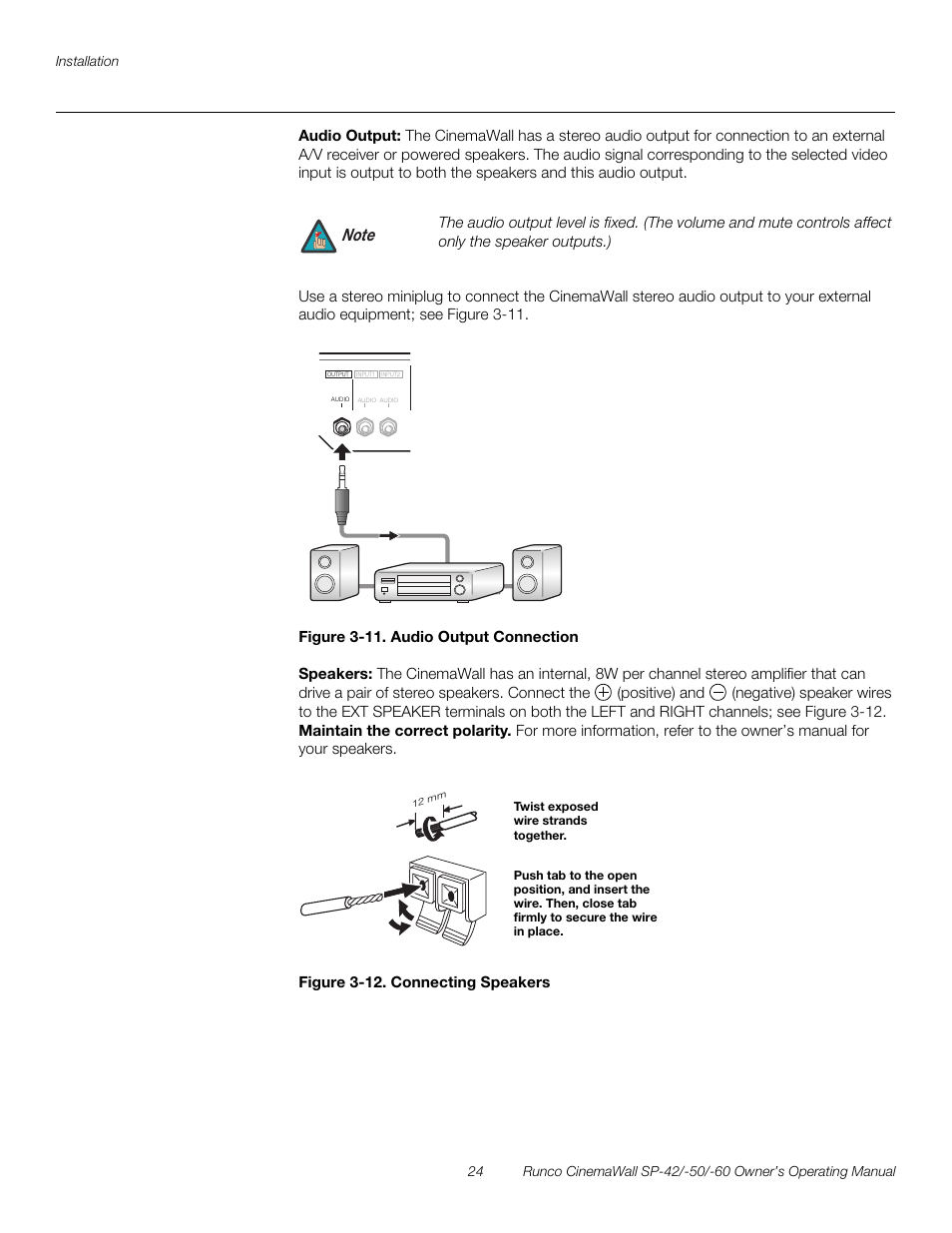 Audio output, Figure 3-11 . audio output connection, Speakers | Figure 3-12 . connecting speakers, 11. audio output connection, 12. connecting speakers, Figure 3-11, Pre l iminar y | Runco SP-50 User Manual | Page 34 / 84