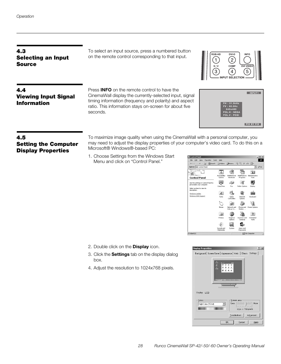 3 selecting an input source, 4 viewing input signal information, 5 setting the computer display properties | Selecting an input source, Viewing input signal information, Setting the computer display properties, Pre l iminar y | Runco SP-50 User Manual | Page 38 / 84