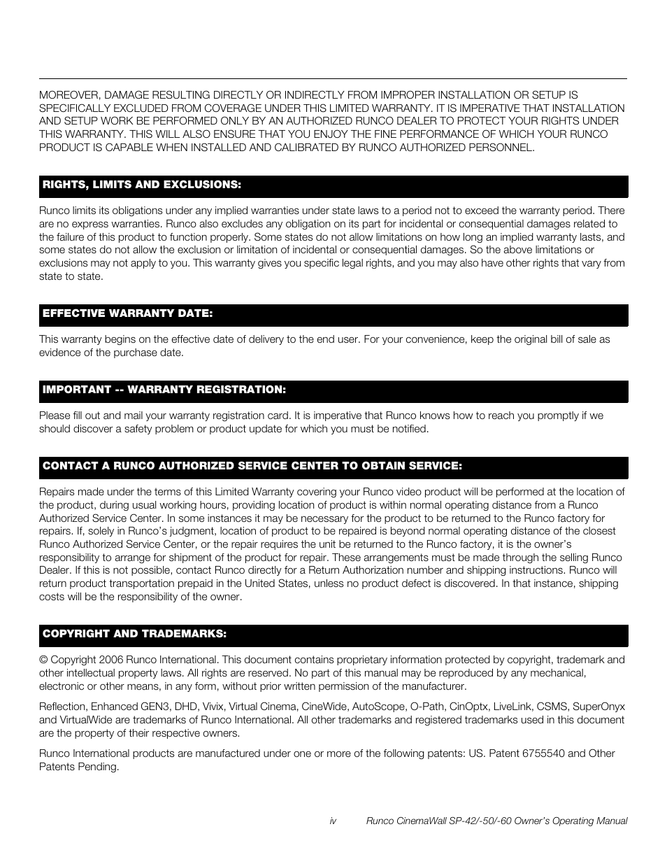 Pre l iminar y | Runco SP-50 User Manual | Page 4 / 84