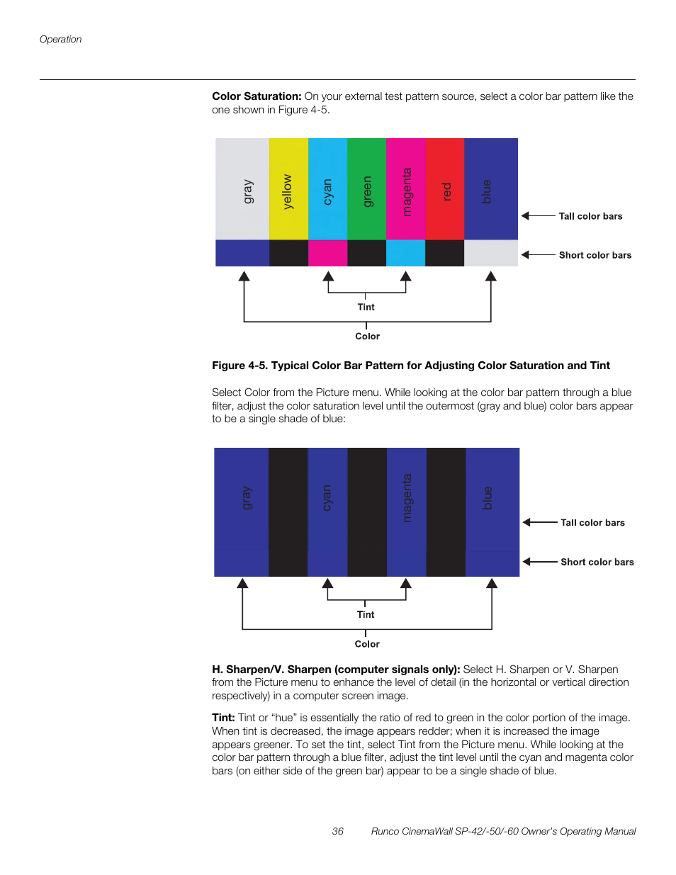 Color saturation, H. sharpen/v. sharpen (computer signals only), Tint | Pre l iminar y | Runco SP-50 User Manual | Page 46 / 84