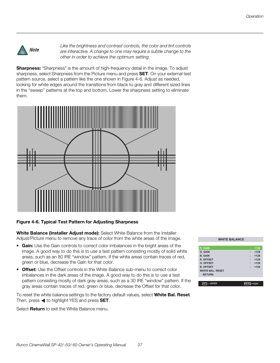 Sharpness, White balance (installer adjust mode), 6. typical test pattern for adjusting sharpness | Pre l iminar y | Runco SP-50 User Manual | Page 47 / 84