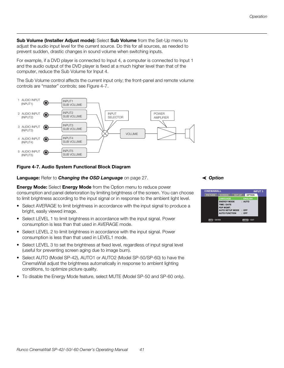 Sub volume (installer adjust mode), Figure 4-7 . audio system functional block diagram, Option | Language, Energy mode, 7. audio system functional block diagram, Pre l iminar y | Runco SP-50 User Manual | Page 51 / 84